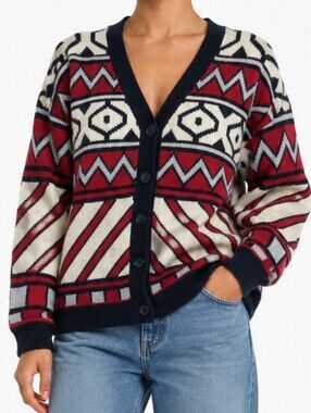 Womens forever 21 Cardigan Sweater size M medium Geometric Red Cream Black cozy